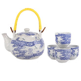 White and blue ceramic tea set with a 22 oz teapot and four cups, each adorned with a delicate blue dragonfly design. Teapot includes a bamboo handle for easy pouring