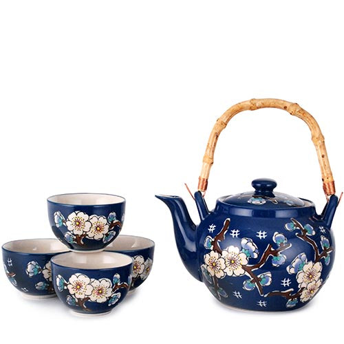 Dark Blue Ceramic Tea Set with Bamboo Handle
