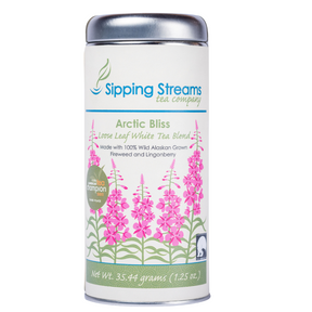 Front of tall tin of Sipping Steams Arctic Bliss loose leaf fireweed tea blend.