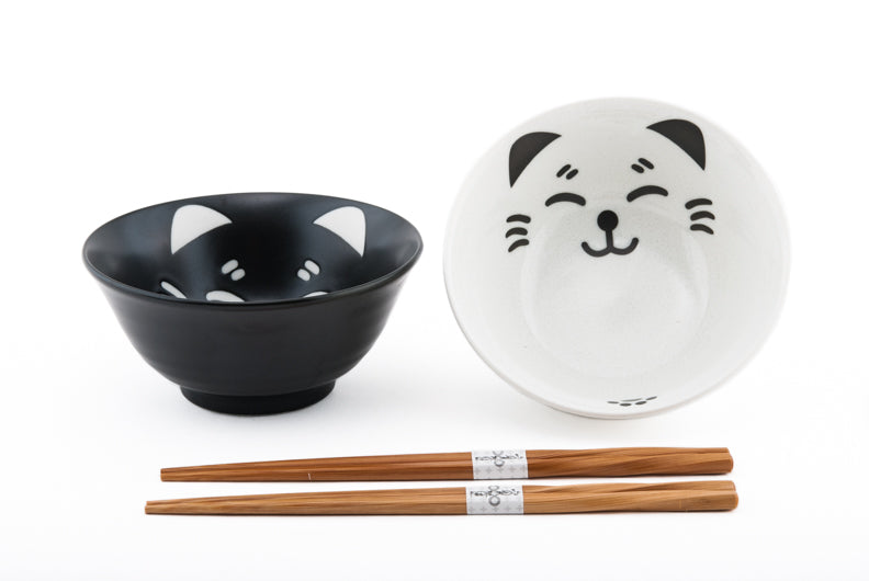 Black and White Cat Rice Bowls and Chopsticks for 2