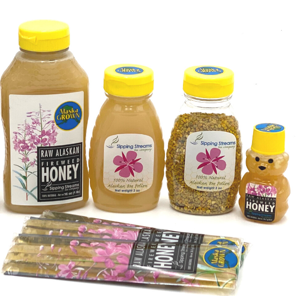 Raw Alaskan Fireweed honey is multiple bottle sizes, honeysticks and bee pollen bottle.