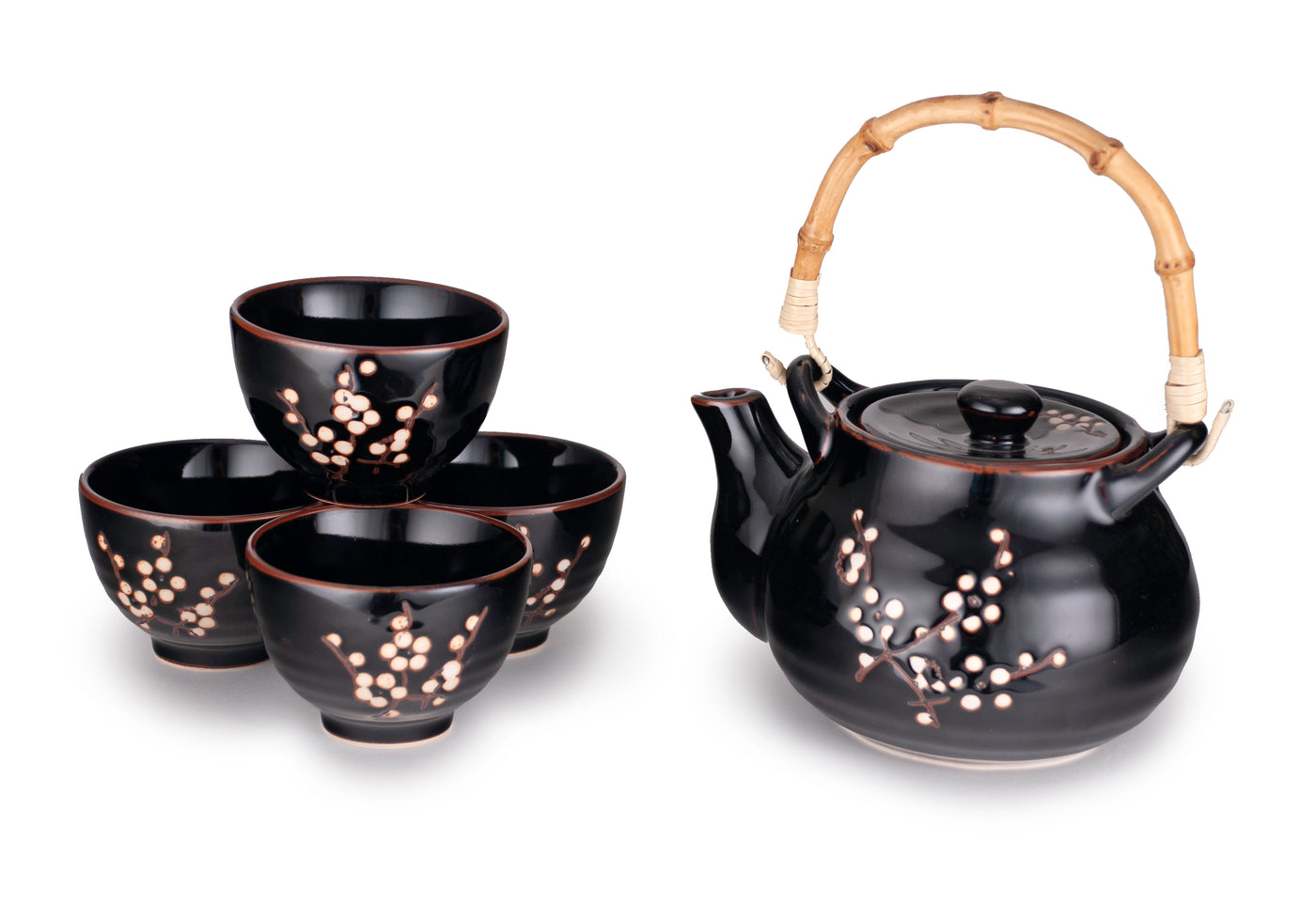 A cherry blossom tea set featuring a ceramic teapot with a natural bamboo handle and four matching cups.