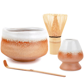 Juego Ceremonial de Matcha con Soporte - Cuenco Marrón con Borde Blanco