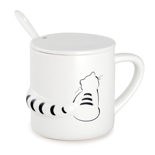White Cat with Stripes Mug with Spoon and Lid