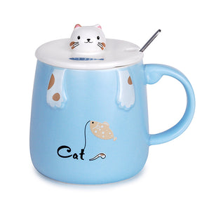 Cat Fishing Mug with Spoon and Ceramic Lid