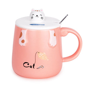 Cat Fishing Mug with Spoon and Ceramic Lid