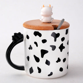 Cow Mug with Spoon and Wooden Lid