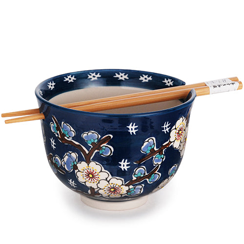 Cherry Blossom Blue Bowl w/Chopsticks