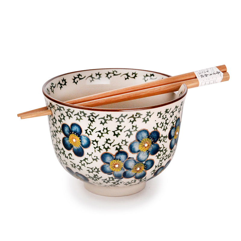 Blue Flowers White Bowl w/Chopsticks