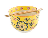 Yellow and Blue Flowers Bowl w/Chopsticks