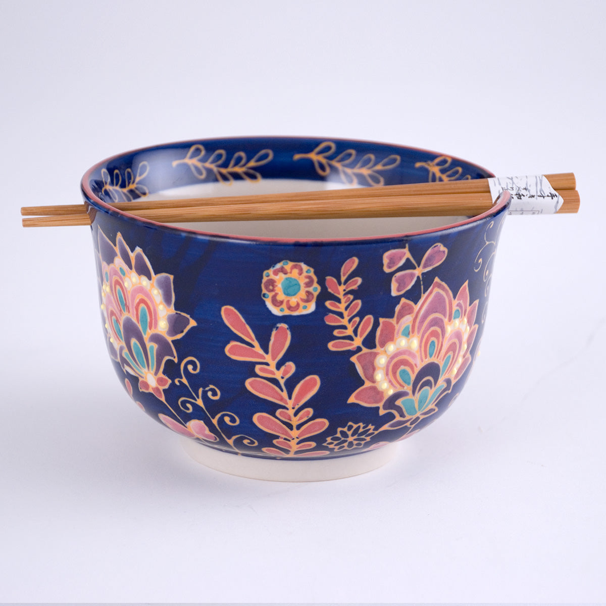 Royal Blue Flowers Bowl w/Chopsticks