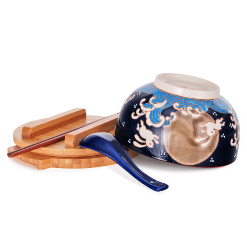 Moon Rabbits Bowl With Wooden Lid and Trivet Set