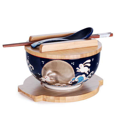 Moon Rabbits Bowl With Wooden Lid and Trivet Set