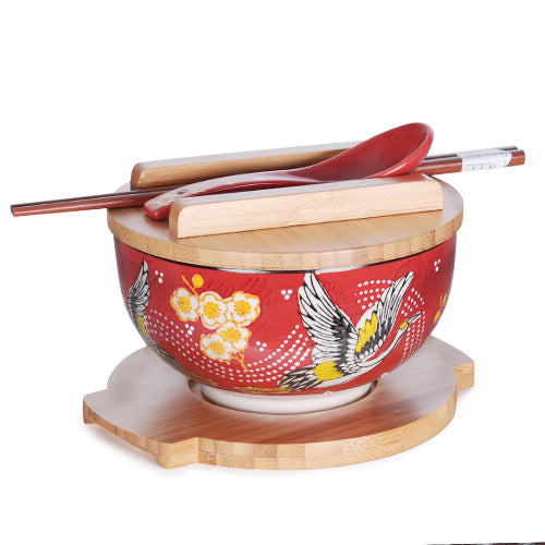 Red Cranes Bowl With Wooden Lid and Trivet Set