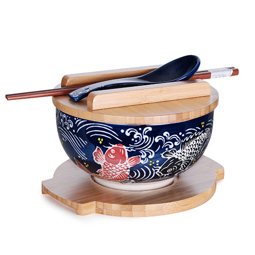 Koi Bowl With Wooden Lid and Trivet Set
