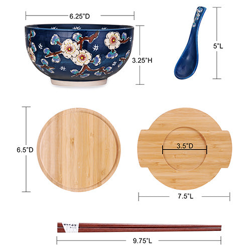 Blue Sakura Bowl With Wooden Lid and Trivet Set