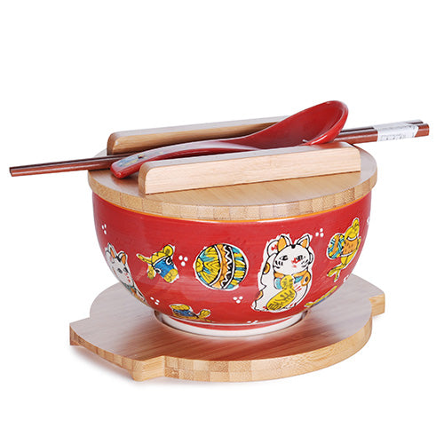 Red Lucky Cat Bowl With Wooden Lid and Trivet Set