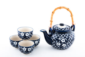 Dark Blue Ceramic Tea Set with Bamboo Handle