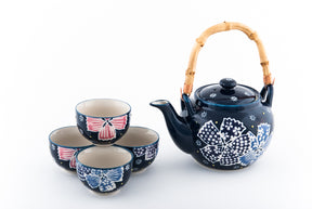 Juego de té de cerámica azul oscuro con mango de bambú