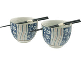 White Flowers on Blue Bowl Stripes Double Bowl Set