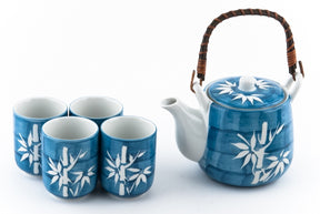 Blue Ceramic Tea Set with White Bamboo