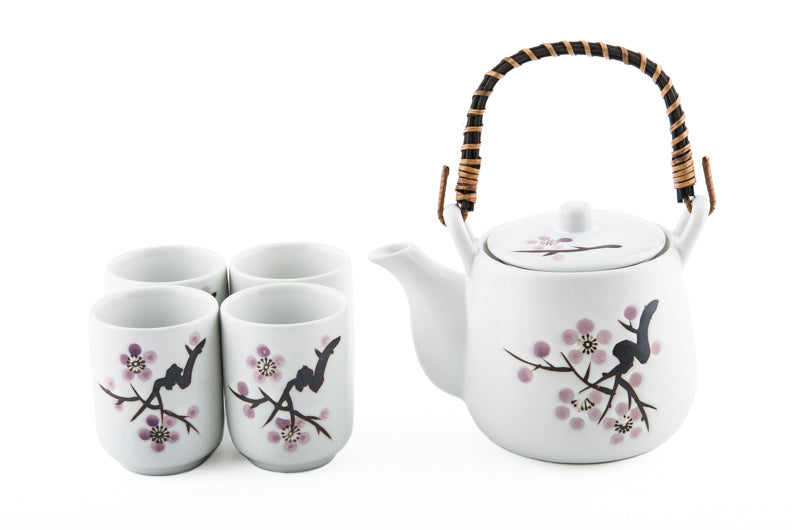 White Ceramic Tea Set with Pink Cherry Blossoms