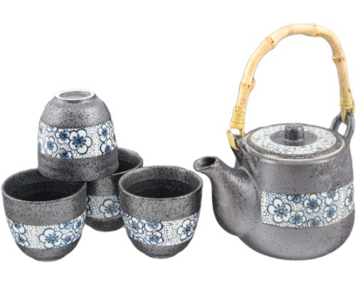 Juego de té de cerámica negra con estampado de flores azules