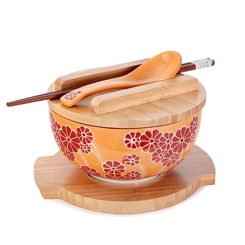 Orange Bowl with Red Flowers Bowl with Wooden Lid and Trivet Set